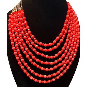 Premier Design Bib Necklace Women's Coral Red Good Multi-Strand Faceted Bead